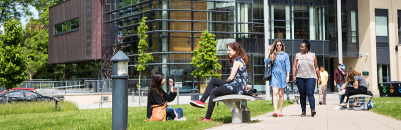 students outside the Liberty Building