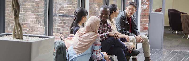 Social sciences students sit together in a study area