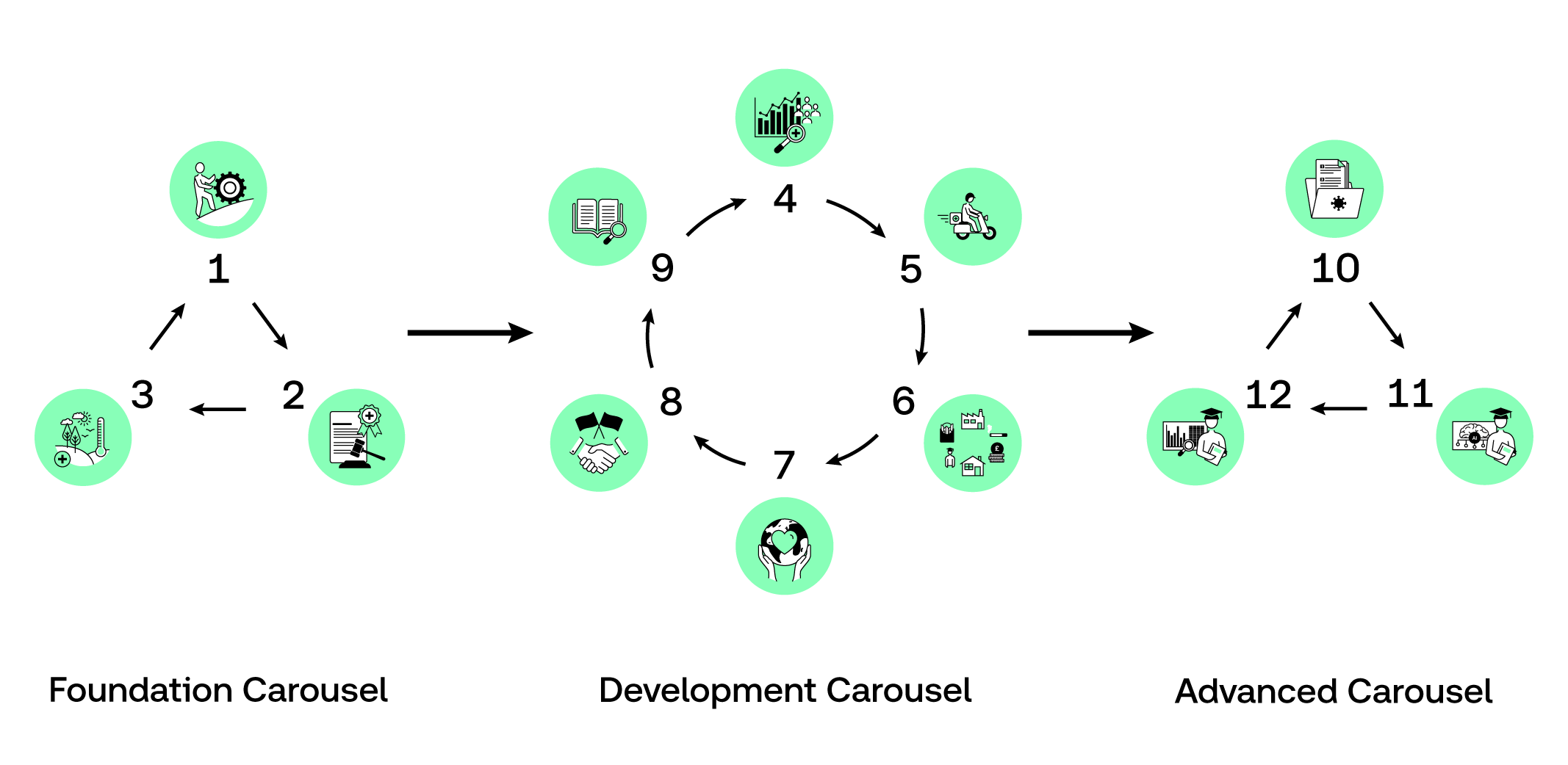 A diagram illustrating how the learning carousels for the Global Health MSc course work.