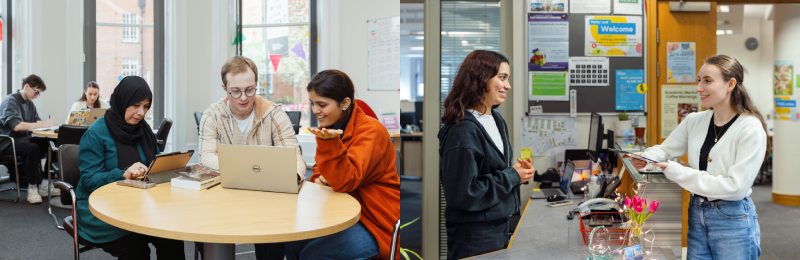 Two images side by side. One with three students sat at a desk chatting with a laptop in front of them. One with two students at the Lifelong Learning Centre Welcome Desk.