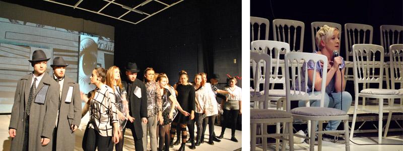 A collage of images from performances. The first has a group of students dressed in 1930s clothing, standing in a line mid-performance. The second has a solitary female sat between a number of empty white chairs, holding a microphone.