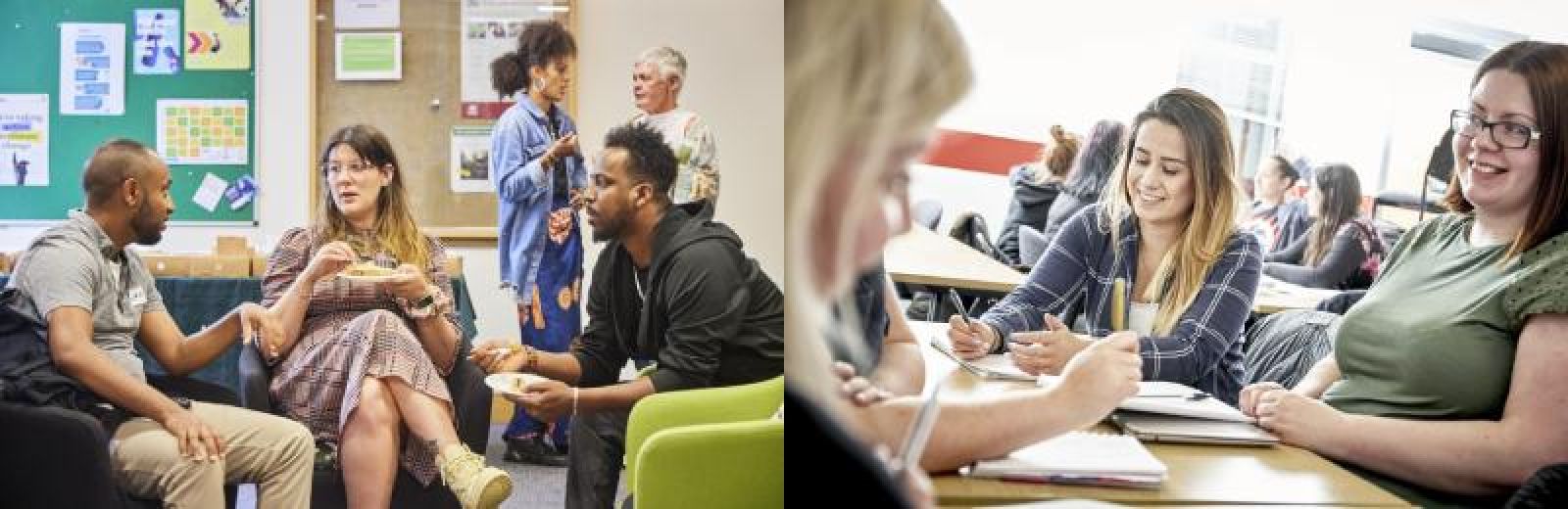 Two images side by side showing students chatting in a common room and in a seminar room.